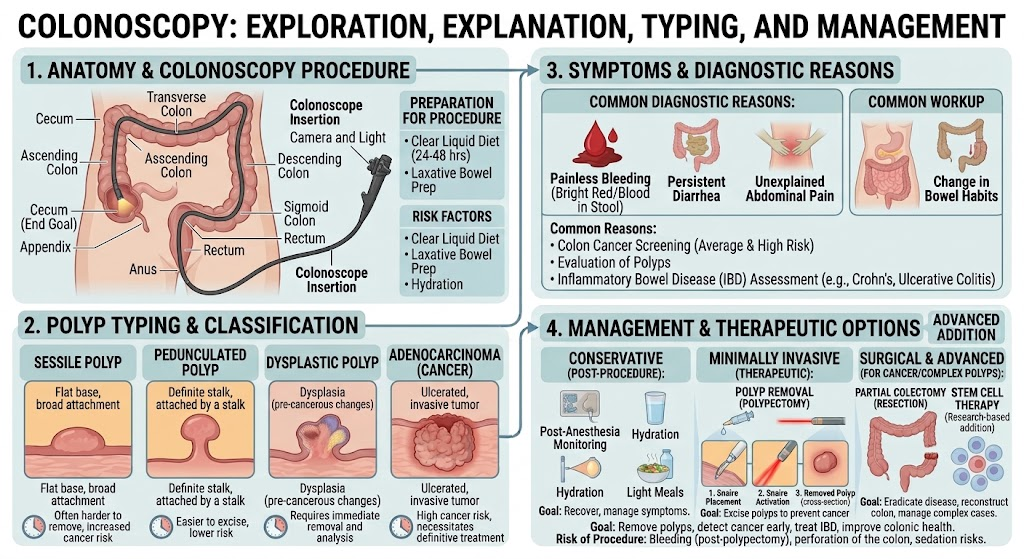 Colonoscopy overview — anatomy and procedure, polyp typing and classification, symptoms and diagnostic reasons, and management and therapeutic options