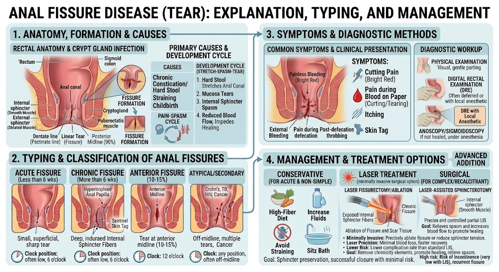 Anal fissure disease overview — anatomy, formation and causes, typing and classification, symptoms and diagnostic methods, and management and treatment options including laser fissurectomy