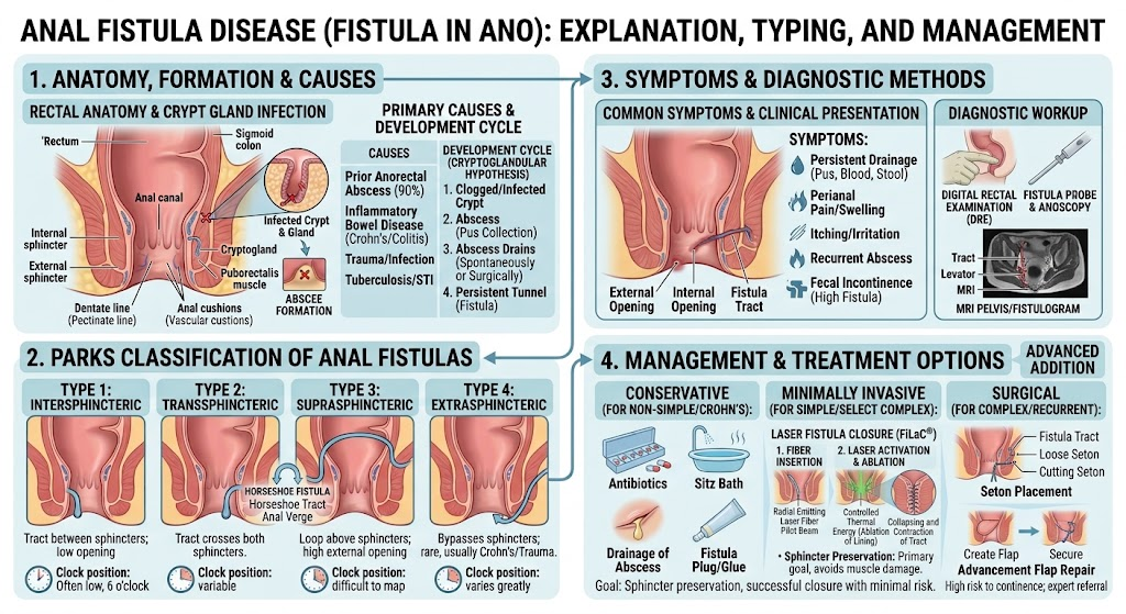 Anal fistula disease overview — anatomy, formation and causes, Parks classification, symptoms and diagnostic methods, and management and treatment options including FiLaC laser fistula closure