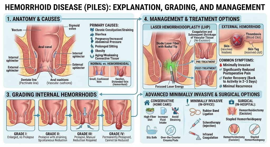 Hemorrhoid disease overview — anatomy and causes, Goligher grading I to IV, and management and treatment options including Laser Hemorrhoidoplasty
