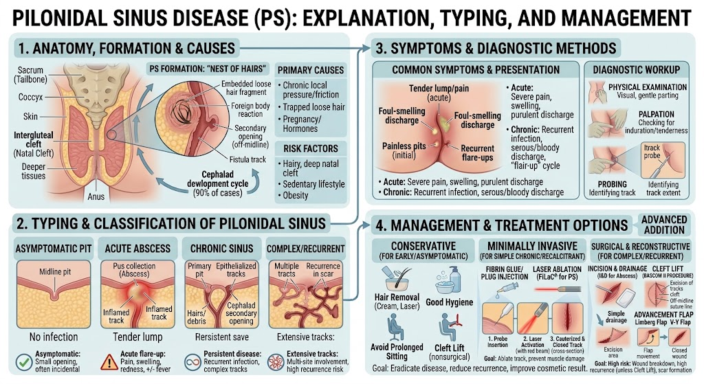 Pilonidal sinus disease overview — anatomy, formation and causes, typing and classification, symptoms and diagnostic methods, and management and treatment options including laser ablation