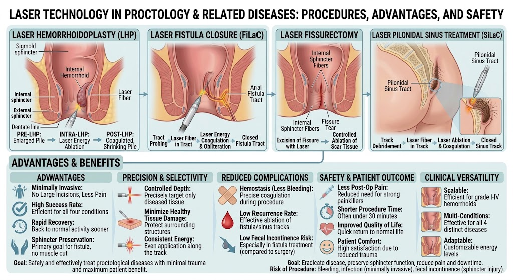 Laser technology in proctology overview — Laser Hemorrhoidoplasty, Laser Fistula Closure (FiLaC), Laser Fissurectomy and Laser Pilonidal Sinus Treatment (SiLaC) procedures, with advantages and benefits including precision and selectivity, reduced complications, safety and patient outcome, and clinical versatility
