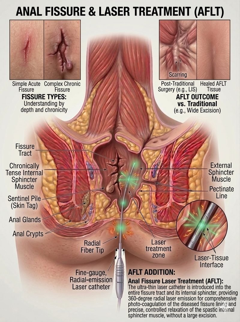 Anal fissure and AFLT laser treatment procedure diagram