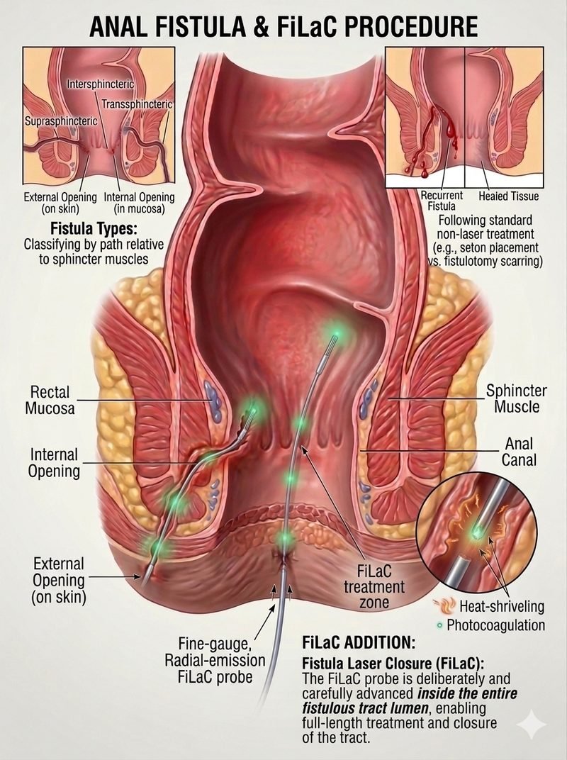 Anal fistula and FiLaC laser closure procedure diagram